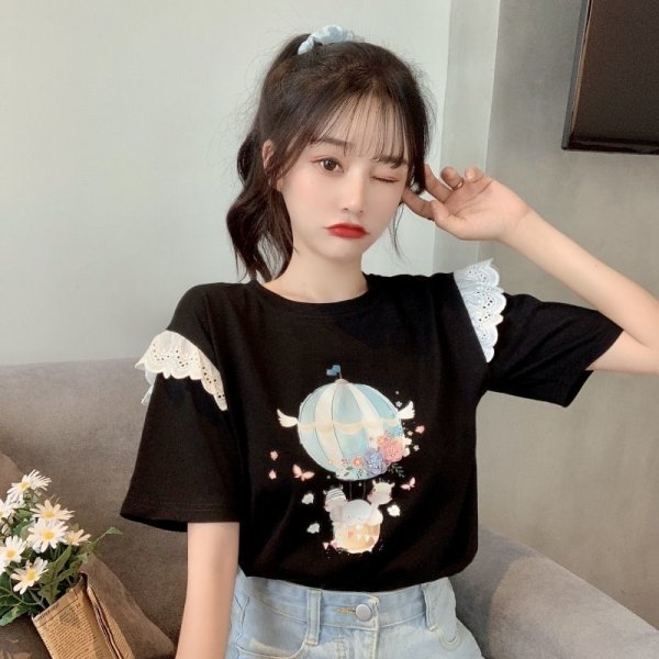 Summer Korean New Lace Stitching Niche Ins Shirt Short-sleeved Women